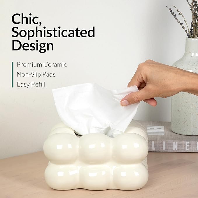 Decorative Ceramic Tissue Paper Holder Box, Novelty, Modern Design, for Bathroom Vanity, Living Room, Bedroom Dresser, Night Stand, Kitchen Countertop, Office Desk, Home Decor, Cream