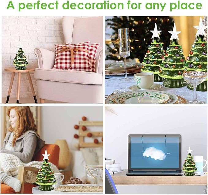 GIVERARE Ceramic Christmas Tree with 6H Timer, 8” Pre-Lit Hand-Painted Tabletop Xmas Decor with 32 Multicolored Lights&Top Star, Retro Centerpiece for Holiday, Party Supplies, Decoration