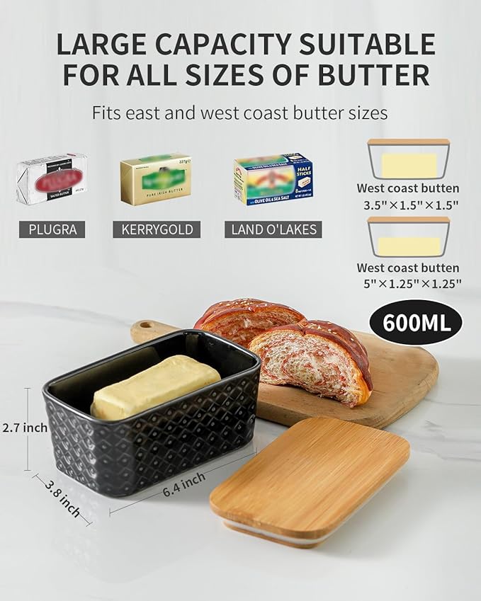 Hasense Ceramic Butter Dish with Lid, Black Large Butter Container for Countertop Airtight Butter Stick Covered Keeper, Embossed Pattern,Easy Clean Dishwasher Safe