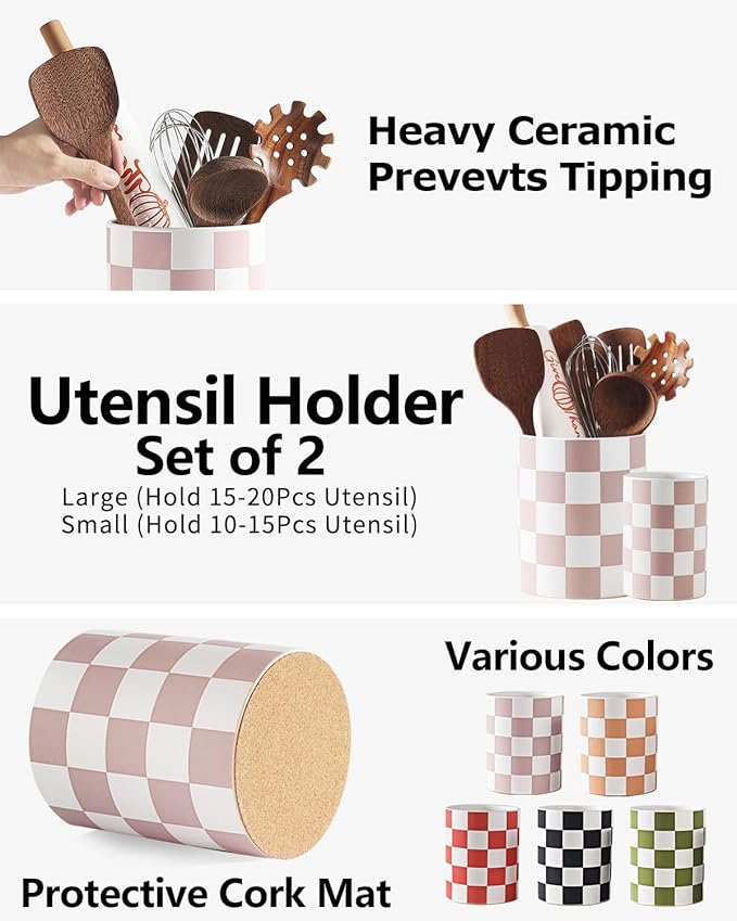 Utensil Holder，7.1"+5.8" Ceramic Kitchen Utensil Holder for Counter top, Checkered Cooking for Spatula & Spoon, Kitchen Decor, Set of 2 (Purplish-pink Checkered)