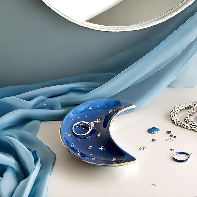 Small Moon Jewelry Dish Tray, Decorative Ceramic Trinket Dish, Modern Accent Tray for Vanity, Blue