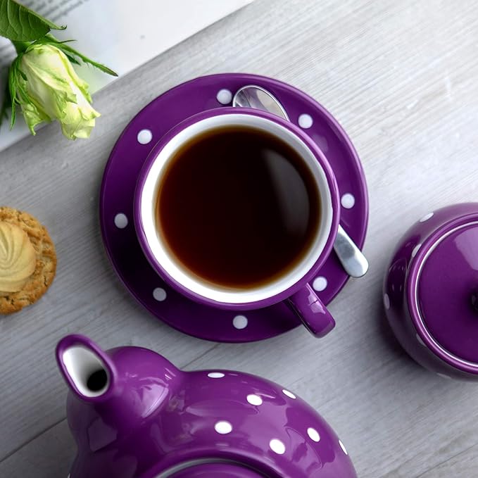 City to Cottage Handmade Purple and White Polka Dot Large Ceramic 12oz/350ml Cappuccino Coffee Tea Cup and Saucer, Unique Designer Pottery for Tea Lovers
