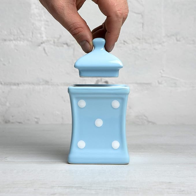 City to Cottage Handmade Small 5.3oz/150ml Ceramic Kitchen Herb, Spice, Storage Jar with Lid, Pottery Canister, Housewarming Gift (Baby Blue Polka Dot)