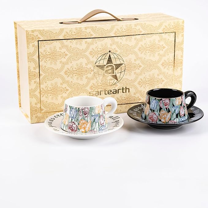 Tea Cup and Saucer Set of 2,Bone China Tulip Ceramic Coffee Cup Gift Set with Box，Latte Mug for Mother's Day Gifts（8.95 oz）