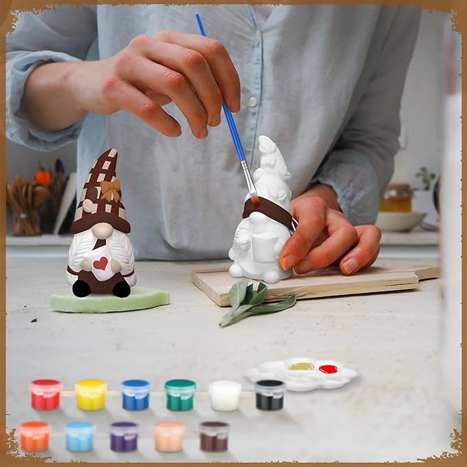 Eersida 6 Sets Gnome Ceramics to Paint Pumpkin Ready to Paint Your Own Ceramic Gnome Statues DIY Unpainted Ceramics Paintable Figurines Kit Crafts with Brush Palette(Coffee)