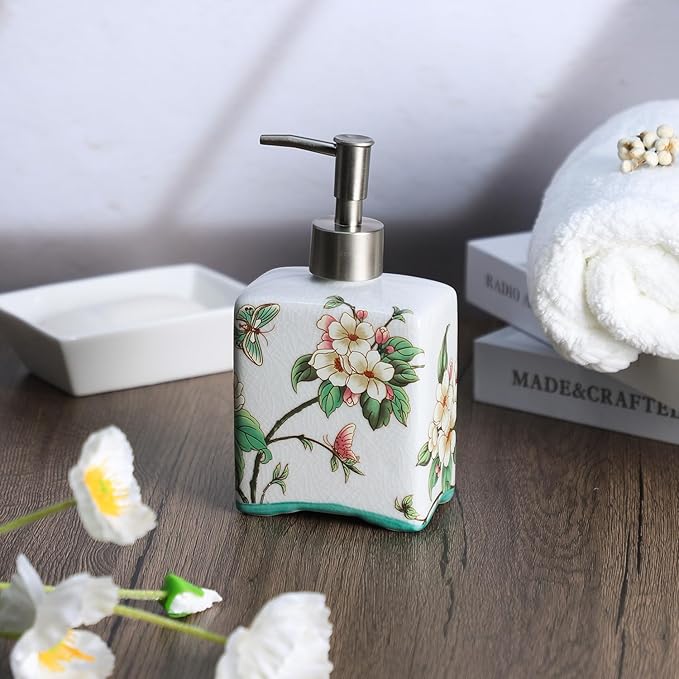 Ceramic Soap Dispenser, Lotion Bottle, Soap Bottle with Removable Pump, Flower Pattern Dispenser for Kitchen Soap, Bathroom Soap, Lotion and Essential Oil-Beige-13 OZ