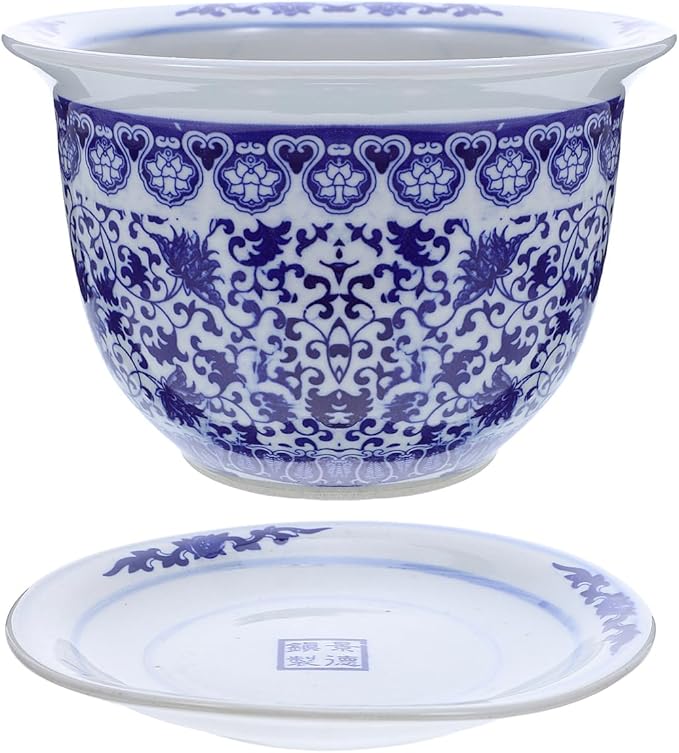 DOITOOL Blue and White Porcelain Plant pots with Drainage Holes and Drainage Tray for Indoor and Outdoor Plants, Ceramic Flower Pots