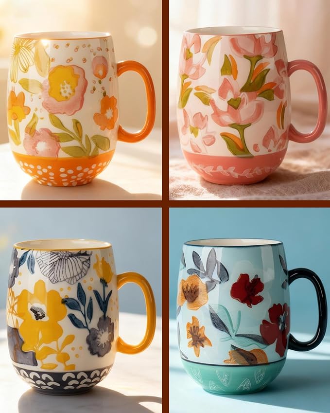Large 24oz Ceramic Coffee Mug with Handle for Coffee or Tea, Hand-Painted Floral Pottery Mug for Women, Durable Microwave & Dishwasher Safe, Christmas Gift for Family, Holiday & Fall Decor