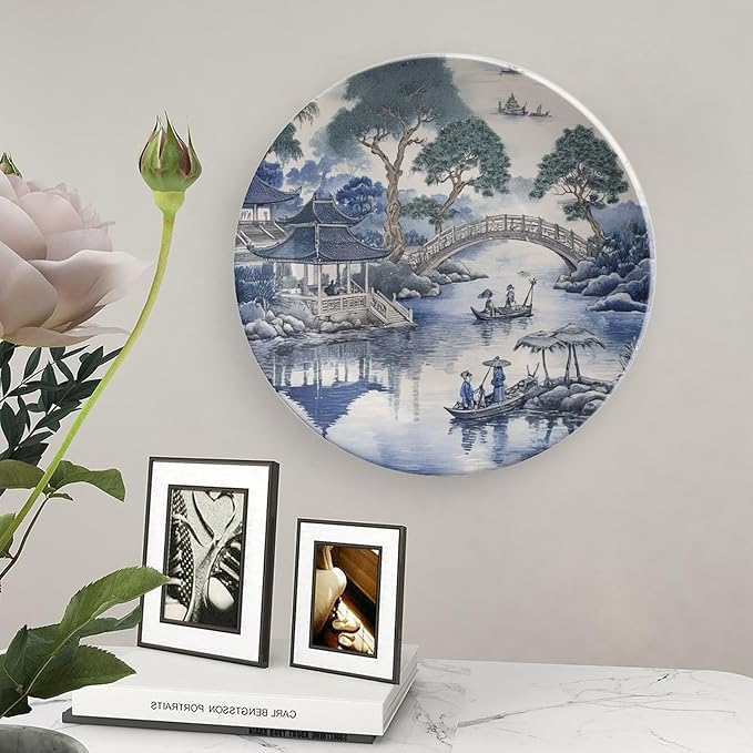Asian Scenic in Blue And Kelly Green Chinoiserie Ceramic Decorative Plate of 6", 7", 9", 10", Personalized Ceramic Display Plate, Wall Housewarming Gifts Decorations Wedding, with Vertical Stand