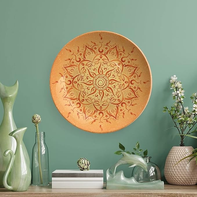 10 Inch Decorative Plate, Lotus Ceramic Stoneware, African Tribal Sun Pattern Primitive Figures Icon Print Ceramic Wall Hanging Decor Accessory for Dining Table Tabletop Home Decor, Dark Orange