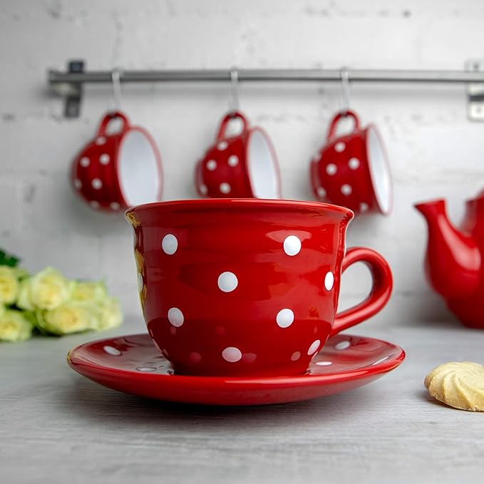 City to Cottage Handmade Red and White Polka Dot Large Ceramic 12oz/350ml Cappuccino Coffee Tea Cup and Saucer, Unique Designer Pottery Gift for Tea Lovers