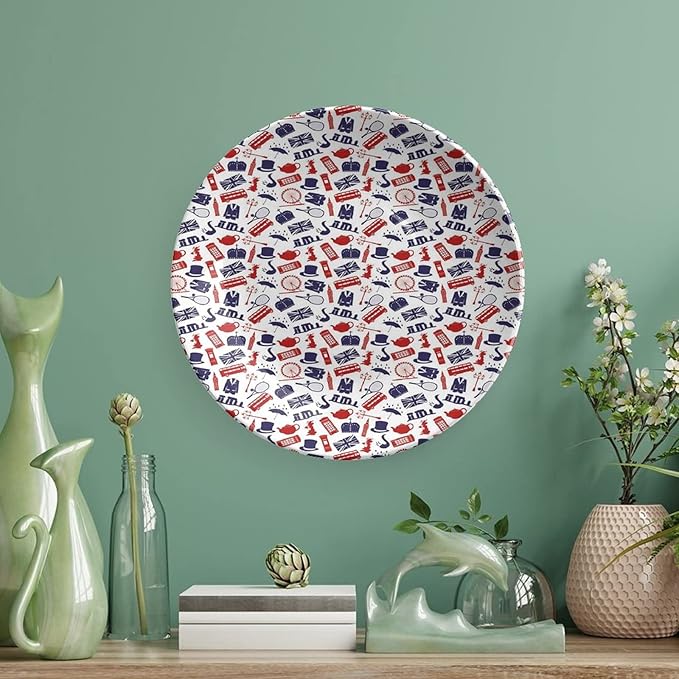 XISUNYA 10 Inch Decorative Plate, London Round Porcelain, United Kingdom Country Themed Symbols Print Ceramic Wall Hanging Decor Accessory for Dining Table Tabletop Home Decor, Royal Blue Red Whilte