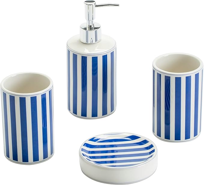 Blue and White Stripe Bathroom Accessories Set for countertop Include soap Dispenser Toothbrush Holder Tumbler and soap Dish Jewelry Holder Bathroom Container Set for Vanity Bath Set