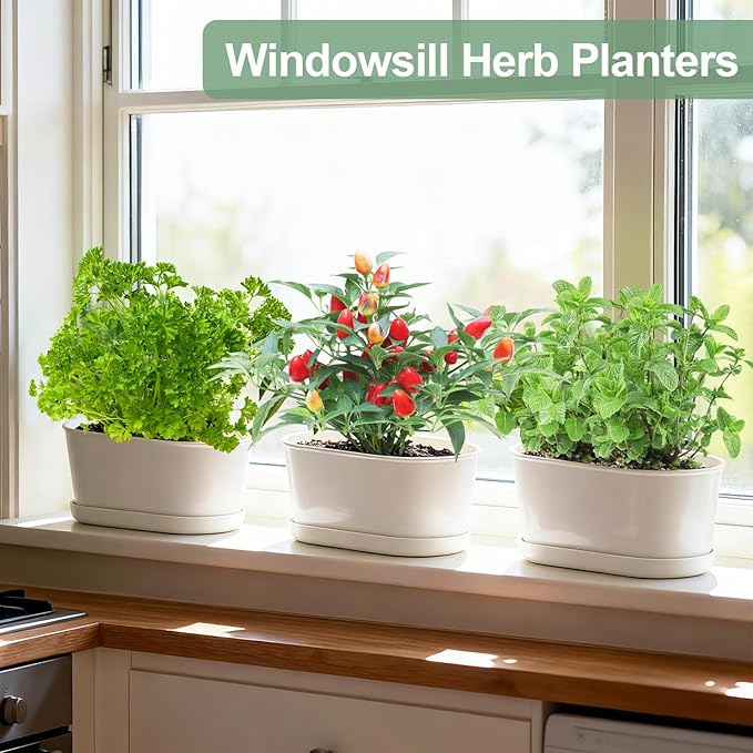 Set of 8 White Oval Window Sill Planters with Drainage Holes and Trays（7 Inch） for Herbs Basil Orchids Succulents, Modern Herb Garden Planter for Indoor/Outdoor Plants