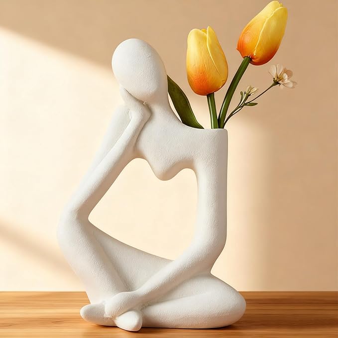 White Flower Vase Ceramic Thinker Vase for Home Decor Modern Cute Boho Vases Room Decor Unique Aesthetic Vase Ceramic Decorative Face Vases for Centerpieces Bathroom Birthday Gifts for Women