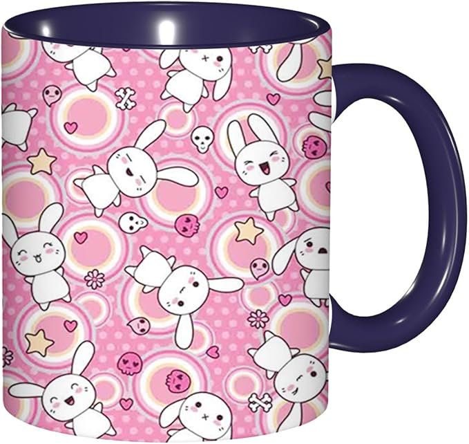 Anime,Ceramic Coffee Mug, Rabbits Funky Animals, Funny Tea Cup, 6 Colors to Choose, 11 Oz, Dishwasher and Microwave Safe (Navy blue)