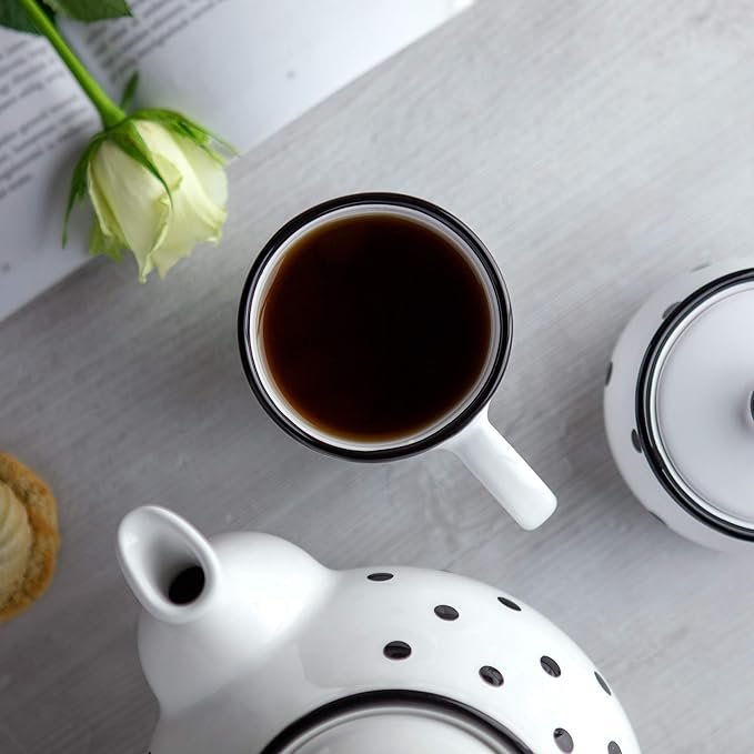 City to Cottage Ceramic Cappuccino Mug with Large Handle, 10oz Coffee Mug for Latte Hot Chocholate Tea, Daily Morning Dring at Home Office Work, Christmas Housewarming Gift White and Black Polka Dot