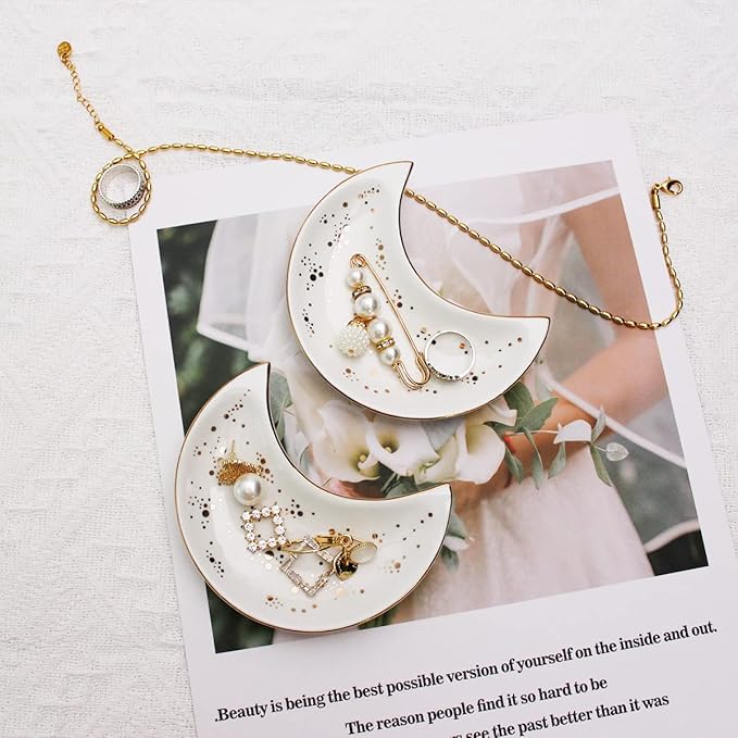 Soddeph Small Moon Ceramic Jewelry Tray, Decorative Trinket Dish, Ring Holder Plate, Modern Accent Tray for Bathroom, Nightstand, Entryway Table, Vanity (2, White)