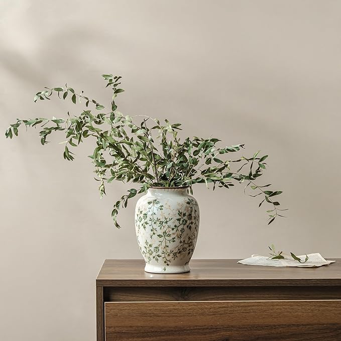 Vintage Green and Beige Vase, Round Ceramic Floral Vases, Retro Ice Cracked Chinoiserie Vase for Home Decor, Living Room, Bookshelf, Office, Grand Millennial Decor, Rustic Table Centerpiece 8 Inch