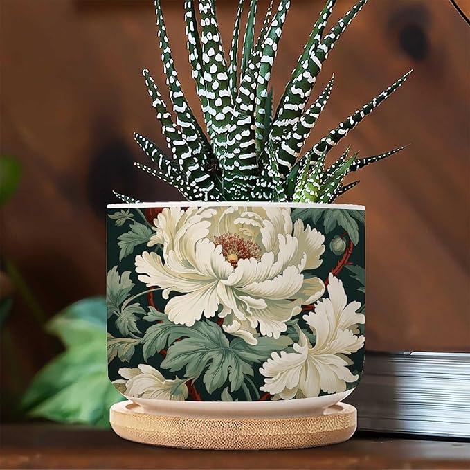 Egg Green and White Floral Small Pot for Flowers Set of 2 White Chinoiserie Flower Ceramics Pots for Plants with Drainage Bamboo Trays Chinoiserie Cactus Planter