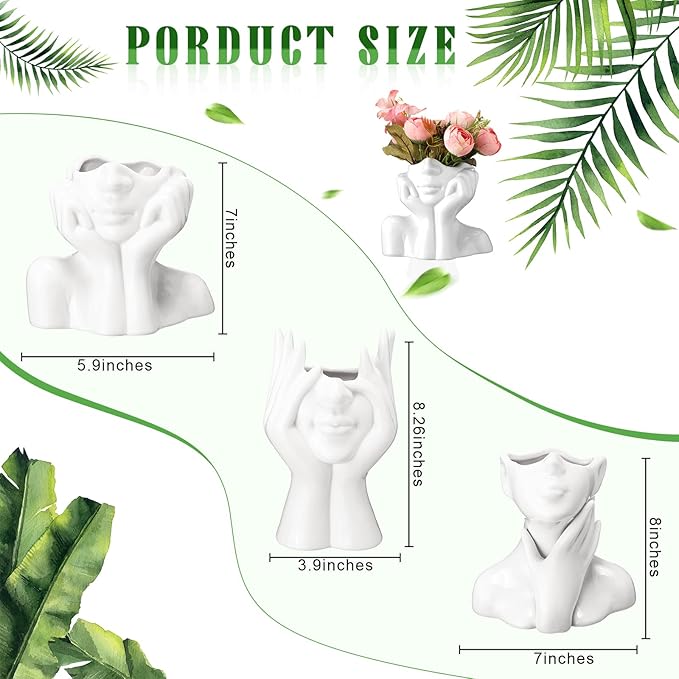 Sieral 3 Pcs Ceramic Face Vase Female Form Flower Modern Body Vase for Decor with Head Half Body Bust Centerpiece for Table Shelf Home Bedroom Room Office(Large,White)