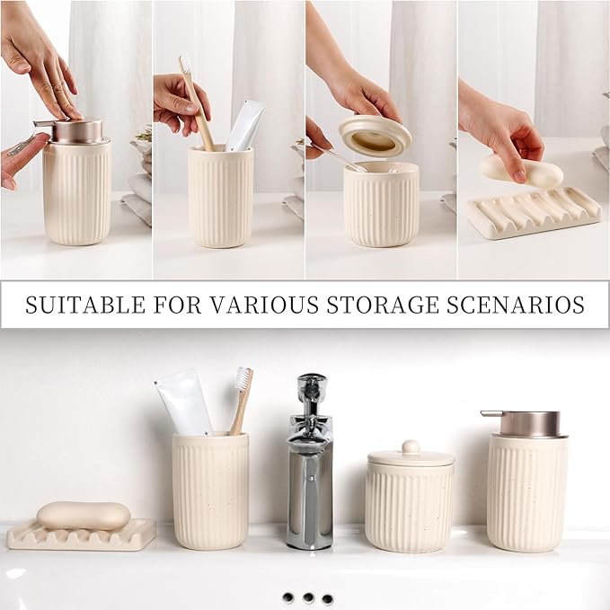 BosilunLife Bathroom Accessories Set - Ceramic Bathroom Set Bathroom Decor Sets Bathroom Counter Lotion Soap Dispenser and Toothbrush Holder Set, Soap Dish, Apothecary Jar (Striped Apricot)