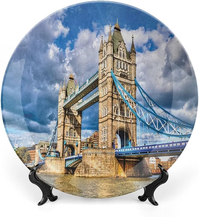 XISUNYA 7 Inch Decorative Plate, London Ceramic Plate, Historical Tower Bridge on River London UK British Day Time Print Ceramic Wall Hanging for Fine Dining, Dinner Parties, Weddings, Catering