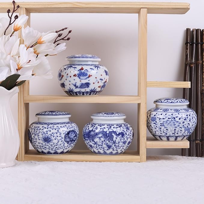Traditional Chinoiserie Round Ginger Jars Blue and White Porcelain Series Ceramic Storage Jars with Sealed Lids,for Home/Kitchen/Dining Table Decoration (Fish Jar)