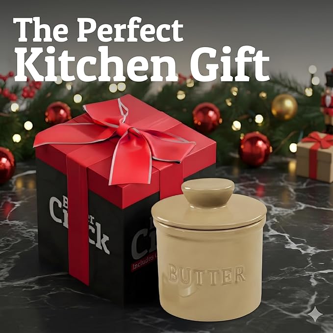 PriorityChef Butter Crock with Lid with Water Line, Ceramic French Butter Dish to Leave On Counter, Khaki