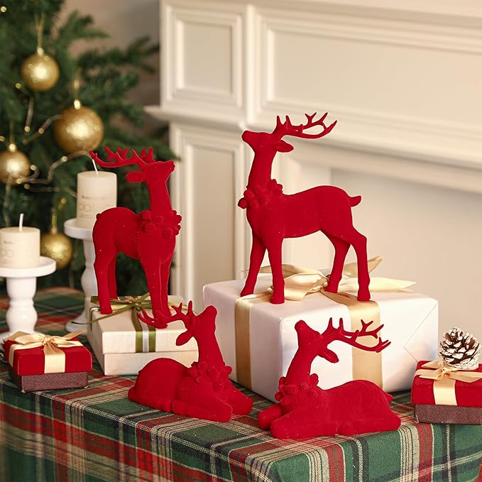 Wesiti 4 Pcs Christmas Reindeer Decor Small Artificial Red Flocked Ceramic Standing Sitting Reindeer Figurine Mini Deer Christmas Tabletop Decoration for Xmas Holiday Indoor Rustic Statue Table Decor