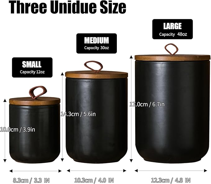 JOJUNO Black Ceramic Canister Set with Wooden Lid, 3-Piece Airtight Food Storage Jars for Kitchen Counter - Flour, Sugar, Coffee, Tea, Spice - Small, Medium, Large Sizes
