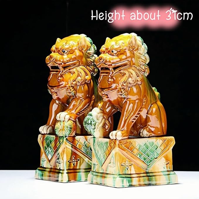 Chinese Style Sculpture Ceramic Lions Pair Home Decorations Asian Art Desktop Feng Shui Ornaments Tricolor Yellow