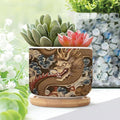 2 Piece Antique Chinoiserie Dragon Small Ceramics Planter Chinoiserie Flower Pot Planter with Drainage Bamboo Trays Dragon Gold Oriental Style Asian Ceramics Pots for Plants