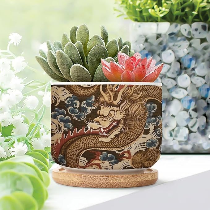 3 Piece Antique Chinoiserie Dragon Small Ceramics Planter Chinoiserie Flower Pot Planter with Drainage Bamboo Trays Dragon Gold Oriental Style Asian Ceramics Pots for Plants