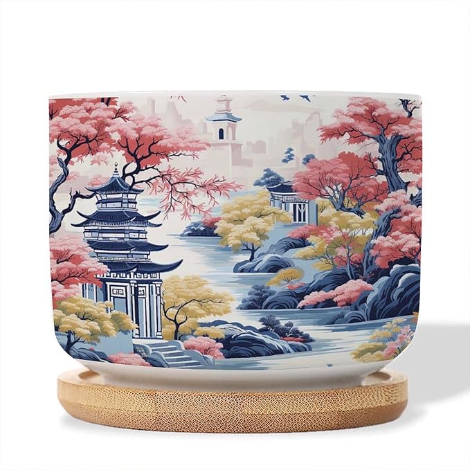 Blue Asia Tiered Tower Coral Pink Flower Small Planters for Succulents Set of 3 Chinoiserie Garden Scenery Ceramics Planters for Indoor Plants Chinoiserie Asian Succulents Plant Pot