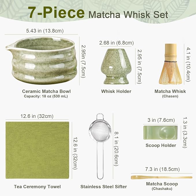 Artisan Ceramic Matcha Set, 7Pcs Japanese Matcha Whisk Kit with Speckled Glaze Bowl, Bamboo Chasen & Sifter - Elegant Tea Ceremony Gifts for Women & Men, Premium Home Essentials (Green)