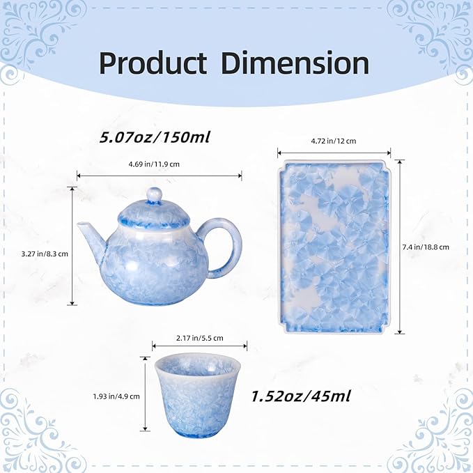 KAMMAK Tea Set for Adults Porcelain Tea Pot and Tea Cups Set,Ice Crystal Blue Japanese Ceramic Tea Cups and Saucers Set, Chinese Gong Fu Tea Set (2 Cups +1 Pear-shaped Teapot + 1 Square Plate)