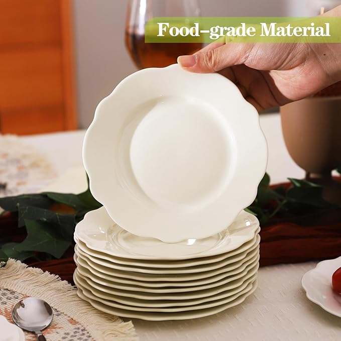 TAMAYKIM 6 Inch Porcelain Dessert Plates, Set of 18, White Lotus Shape Stackable Appetizer Plates, Scratch Resistant Small Plates for Restaurant & Home, Microwave, Oven & Dishwasher Safe