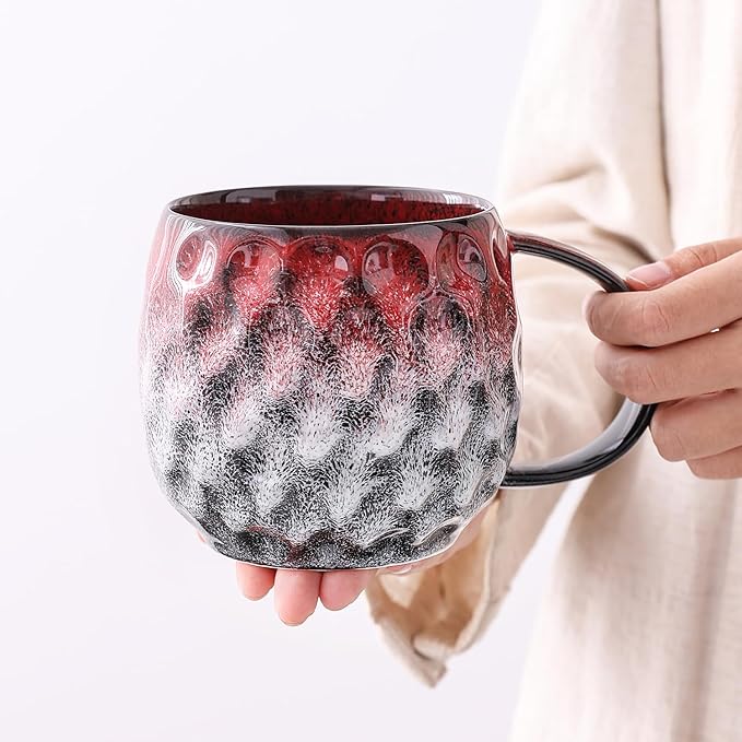 20oz Large handle Ceramic Coffee Mug, Handmade Glaze Color Changing Mug with Easy-Grip Handle, Unique Handcrafted Tea Cup for Home, Office, Gift Giving (red)