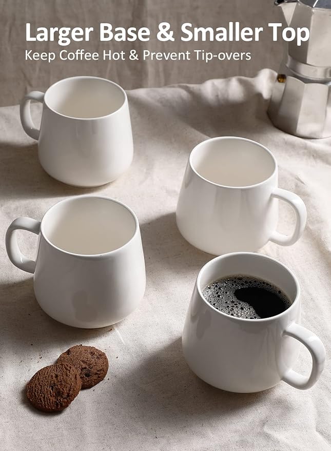 Teocera Coffee Mugs Set of 4-12oz Chip-Resistant Ceramic Cups with Ergonomic Handle | Dishwasher & Microwave Safe White Mugs | Keeps Beverage Hot, Perfect for Family Kitchen & Holiday Gifts