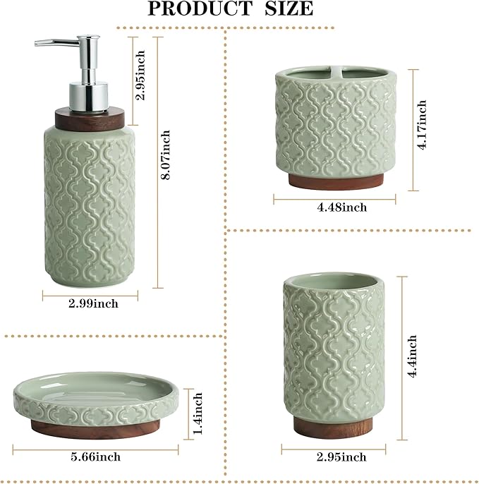 Elegant 4 PCS Ceramic&Wood Bathroom Accessories Set:Soap Dispenser,Toothbrush Holder,Tumbler,Soap Dish,Easy to Clean,Quatrefoil Pattern,Green-Affordable Luxury for Home Decor Enthusiasts