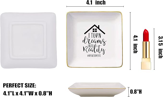 Topthink Realtor Gift - Real Estate Agent Closing Gift for Valentines Day, Birthday, Christmas - Best Broker I Turn Dreams Into Reality Ceramic Jewelry Holder Ring Dish Trinket Tray