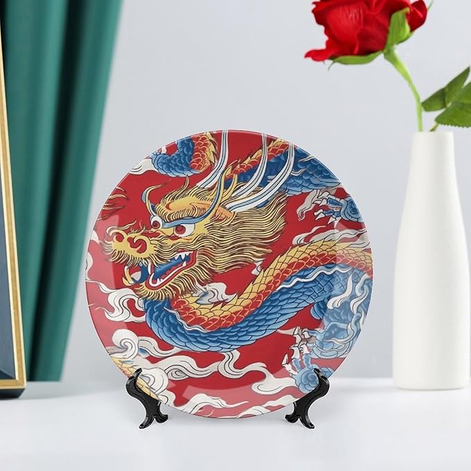 Red Dragon Chinoiserie Asian Inspired Vintage Plates for Display Home Farmhouse Supplies Table Wedding Holiday Party Decorations Customize Gifts for Men Women Halloween, 6", 7", 9", 10"