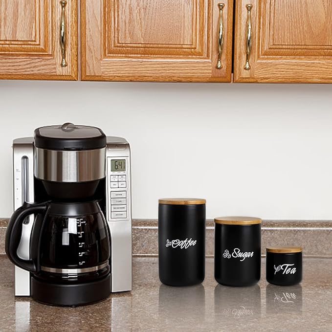 TOPZEA Black Ceramic Canister Set of 3, Coffee Sugar Tea Cylinder Containers Set with Bamboo Airtight Lid, Pantry Organization Kitchen Canisters Food Storage Jars for Countertop, Coffee Station