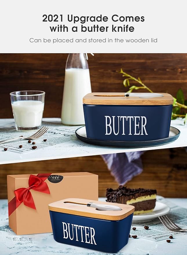 Butter Dish with Lid, Home Decor, Large Butter Dish for Countertop Ceramic Butter Keeper Container with Knife and High Quality Silicone Sealing Good Kitchen Gift Blue