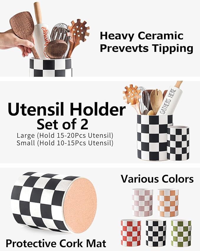 Checkered Utensil Holder, 7.1"+5.8" Inch Ceramic Spatula Holder, Black Cooking Kitchen Utensil Holder for Countertop, Kitchen Decor and Accessories for Counte