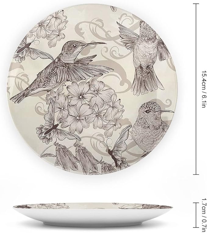 XISUNYA 8 Inch Decorative Plate, Hummingbirds Tableware Plate, Birds and Flowers Monochromic Classical Print Ceramic Wall Hanging for Home Office Party Dinner Table Decor