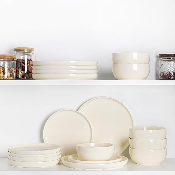 TheTerra Ceramic Dinnerware Sets for 4, 12 Pieces Porcelain Lightweight Plates and Bowls Sets, Scratch Resistant Dish Set, Oven & Microwave & Dishwasher Safe, Beige