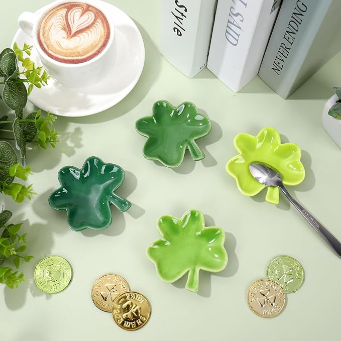 Whaline 4 Pcs St.Patrick's Day Mini Ceramic Spoon Rest Gradient Green Shamrock Lucky Clover Small Coffee Spoon Holder for Irish Holiday Party Home Coffee Station Bar Accessories, 2.7 Inch