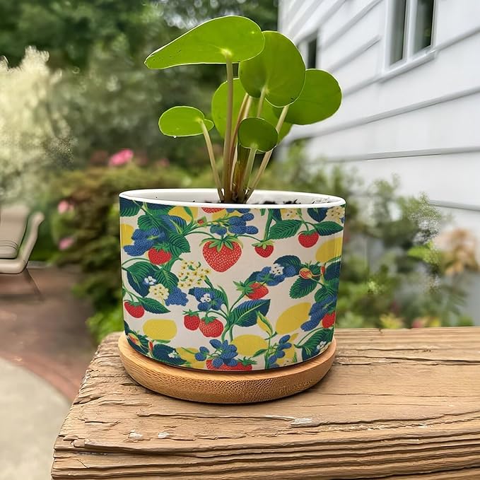 Summer Cherry Lemon Citrus Garden Planter Ceramic Strawberry Fruit Season Round Flower Pots with Drainage Holes and Bamboo Tray Pot for Outdoor Garden Home Plant